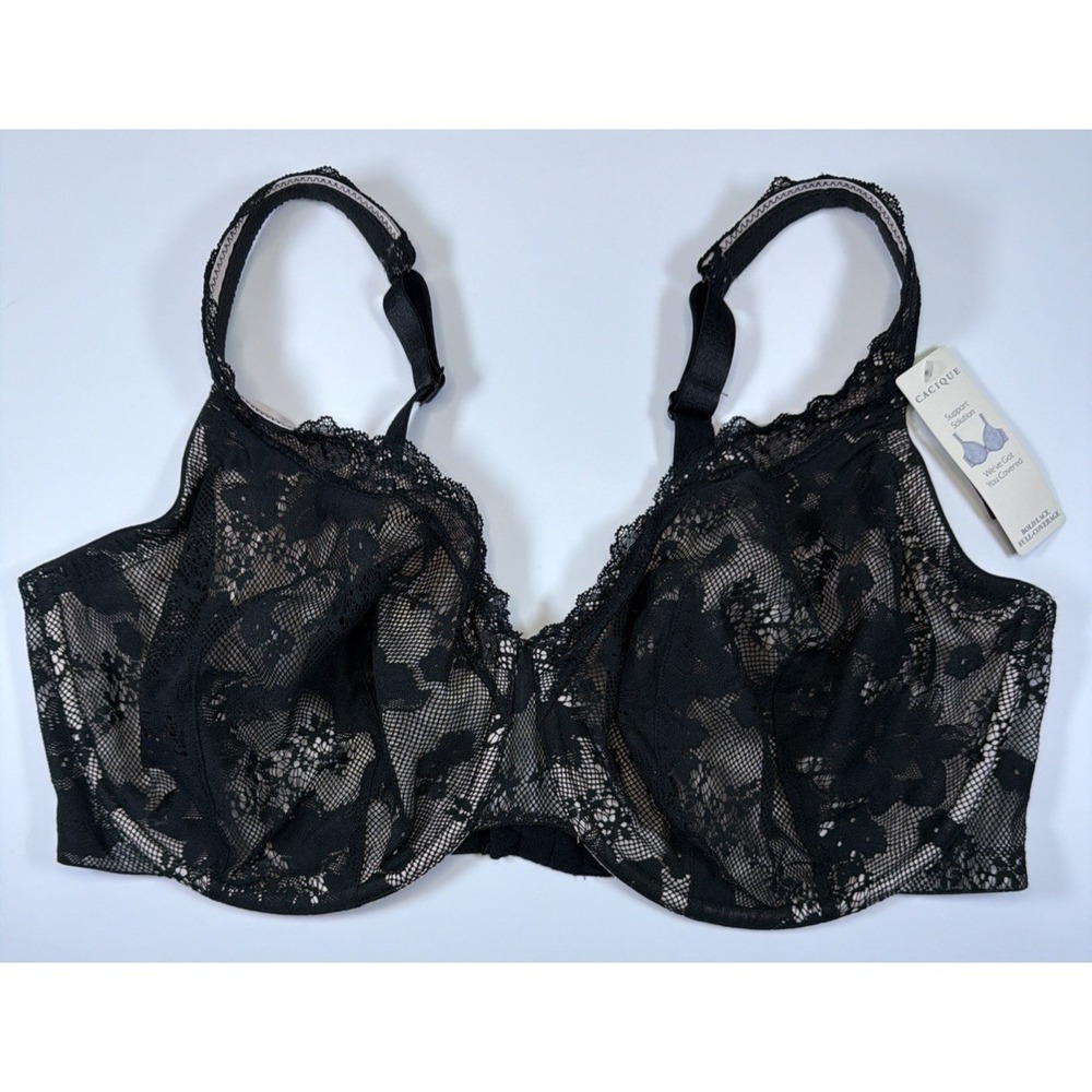 Cacique Womens Bold Lace Full Coverage Bra 40F Underwire Black Lace NEW
